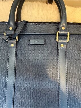Gucci Navy Embossed Monogram Top-Handle Bag with Gold Hardware